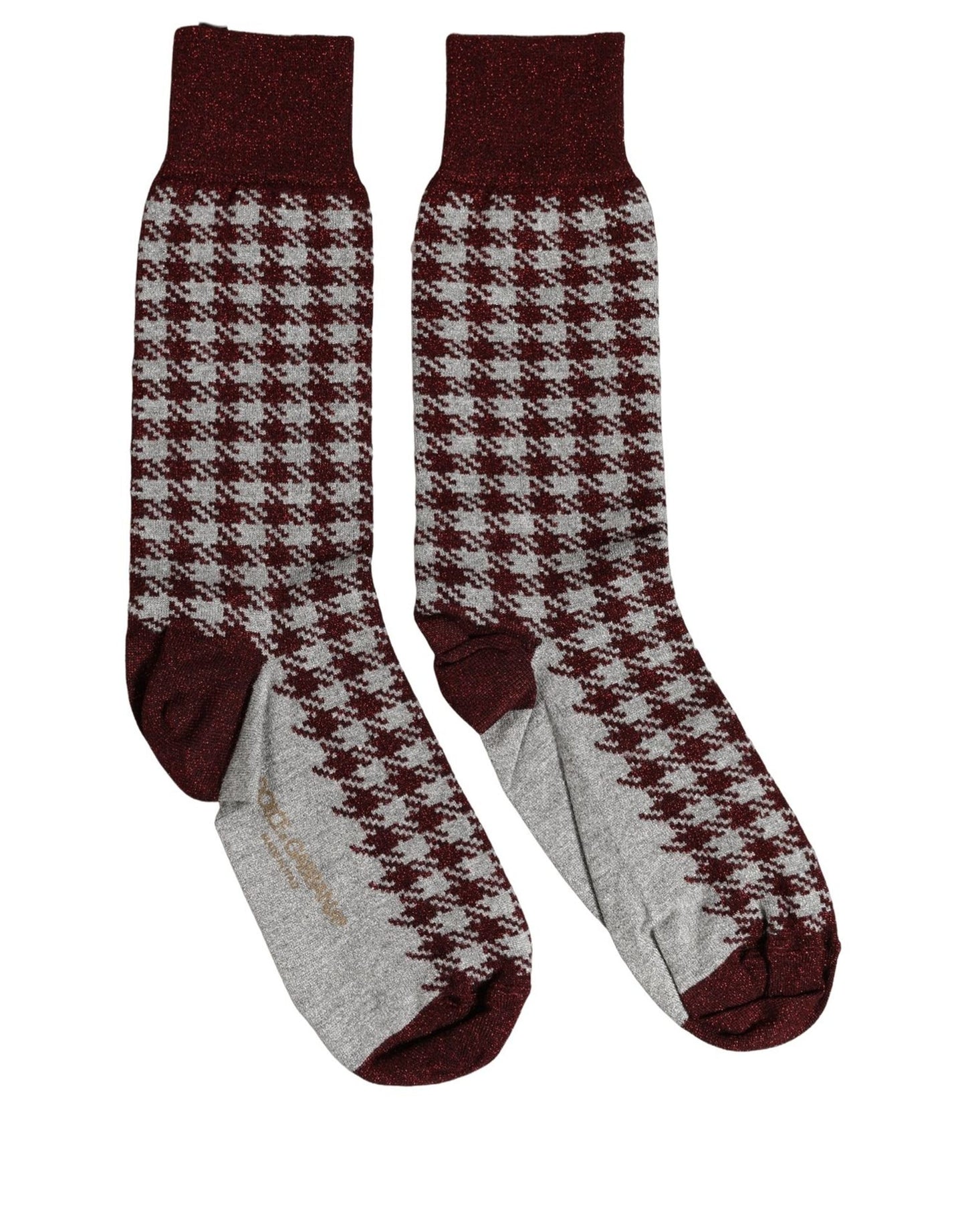 Dolce & Gabbana Maroon Gray Houndstooth Mid Calf Accessory Socks