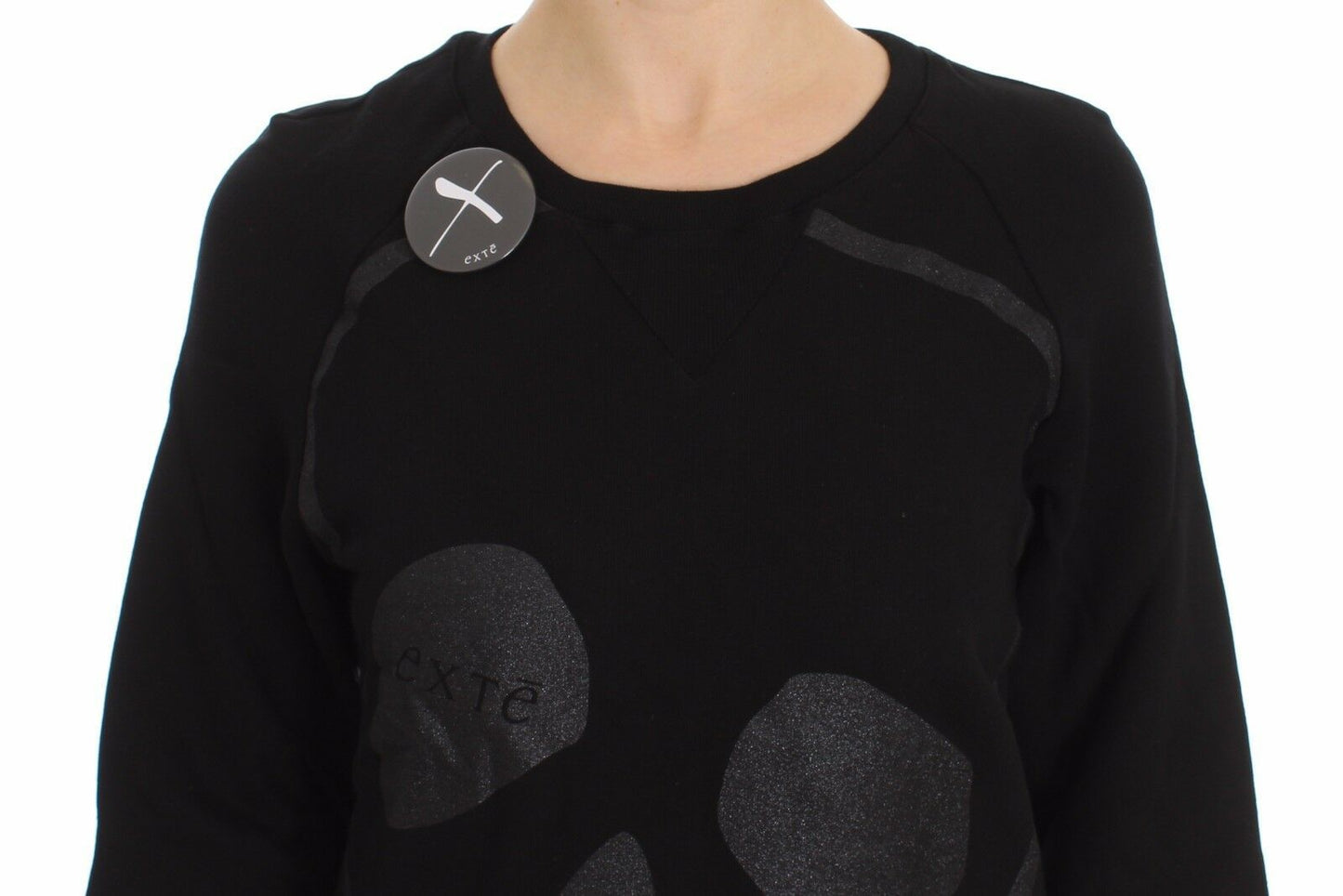 Exte Black Cotton Motive Print Crewneck Pullover Sweater