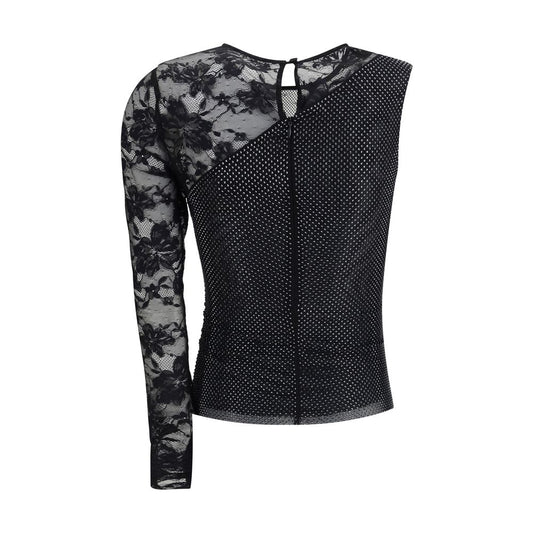 Self-Portrait One-shoulder lace and rhinestone Top