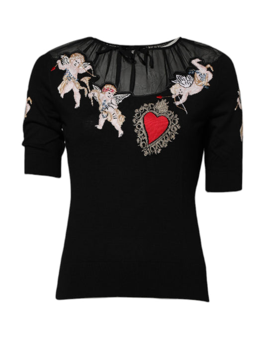 Dolce & Gabbana Maglia girocollo nera con ricamo Sacro Cuore