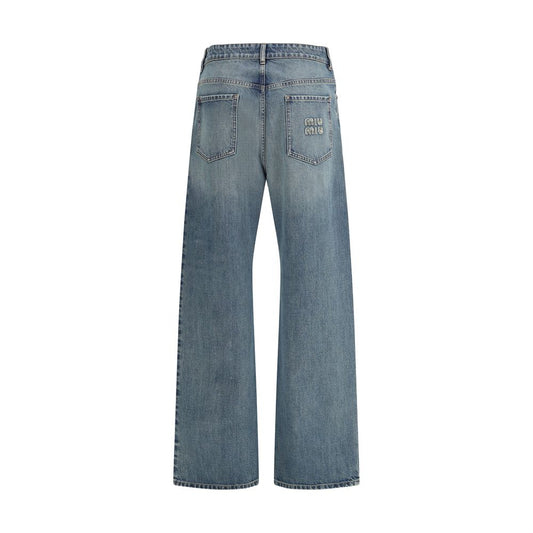 Jeans dritti in cotone blu Miu Miu