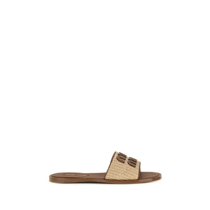 Miu Miu Beige Calf Leather Bos Taurus Flat Sandals