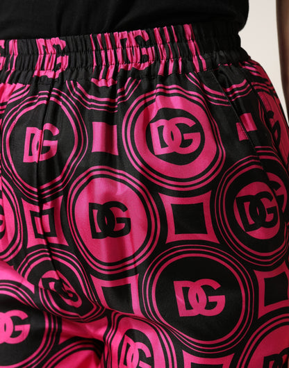 Dolce &amp; Gabbana Shorts in seta nera e fucsia con logo e vita elastica