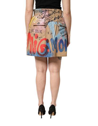 Minigonna in misto cotone con stampa graffiti beige Dolce &amp; Gabbana