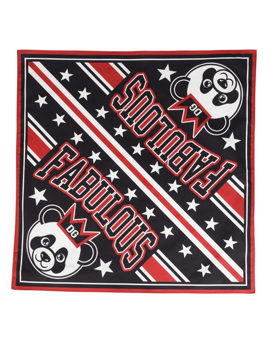 Dolce &amp; Gabbana Foulard quadrato in cotone con panda nero e rosso, 50,5 cm x 50 cm