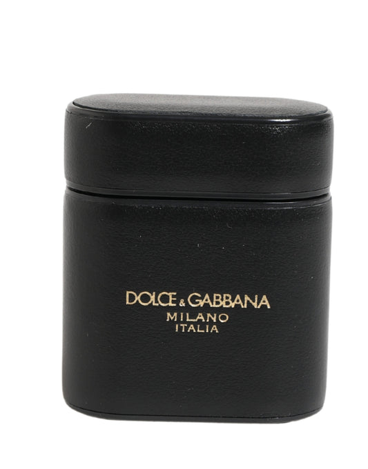 Custodia a libro per Airpods con logo stampato in pelle di vitello nera Dolce &amp; Gabbana