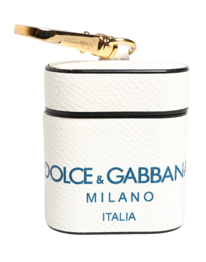 Custodia per Airpods con cinturino a flip in pelle di vitello bianca con logo Dolce &amp; Gabbana