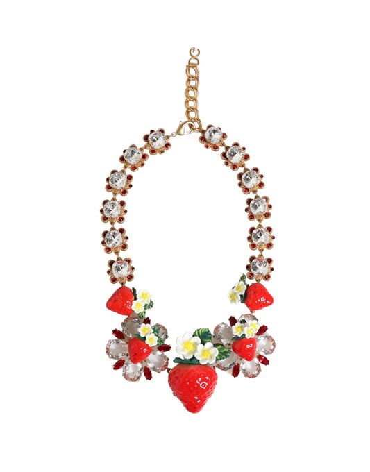 Collana Dolce &amp; Gabbana con ciondolo a forma di frutta in ottone dorato, fiori e logo in cristallo