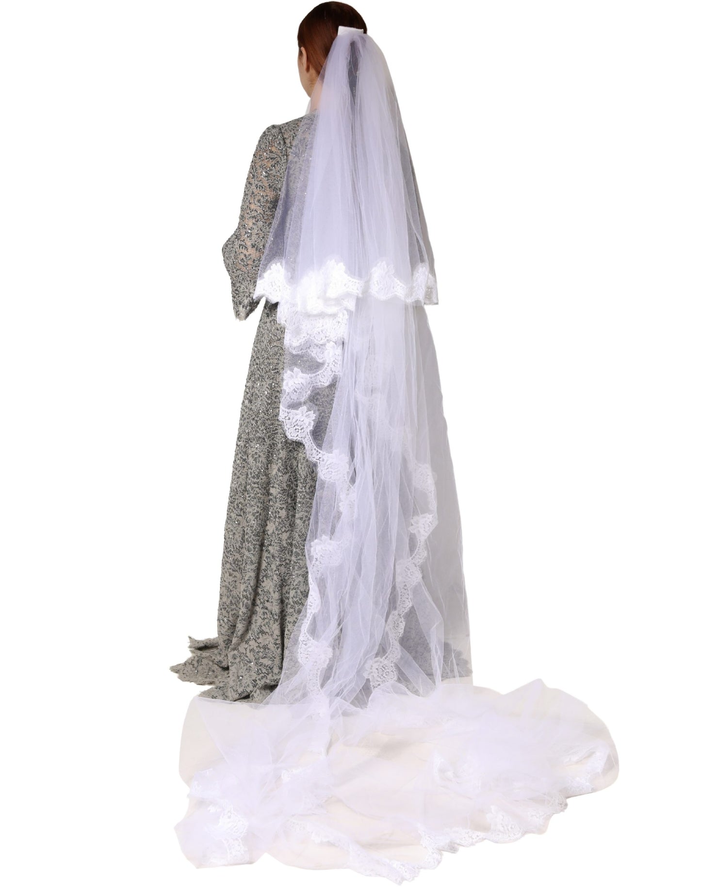 Dolce & Gabbana White Floral LaceNylon Floor Length 3M Long Veil