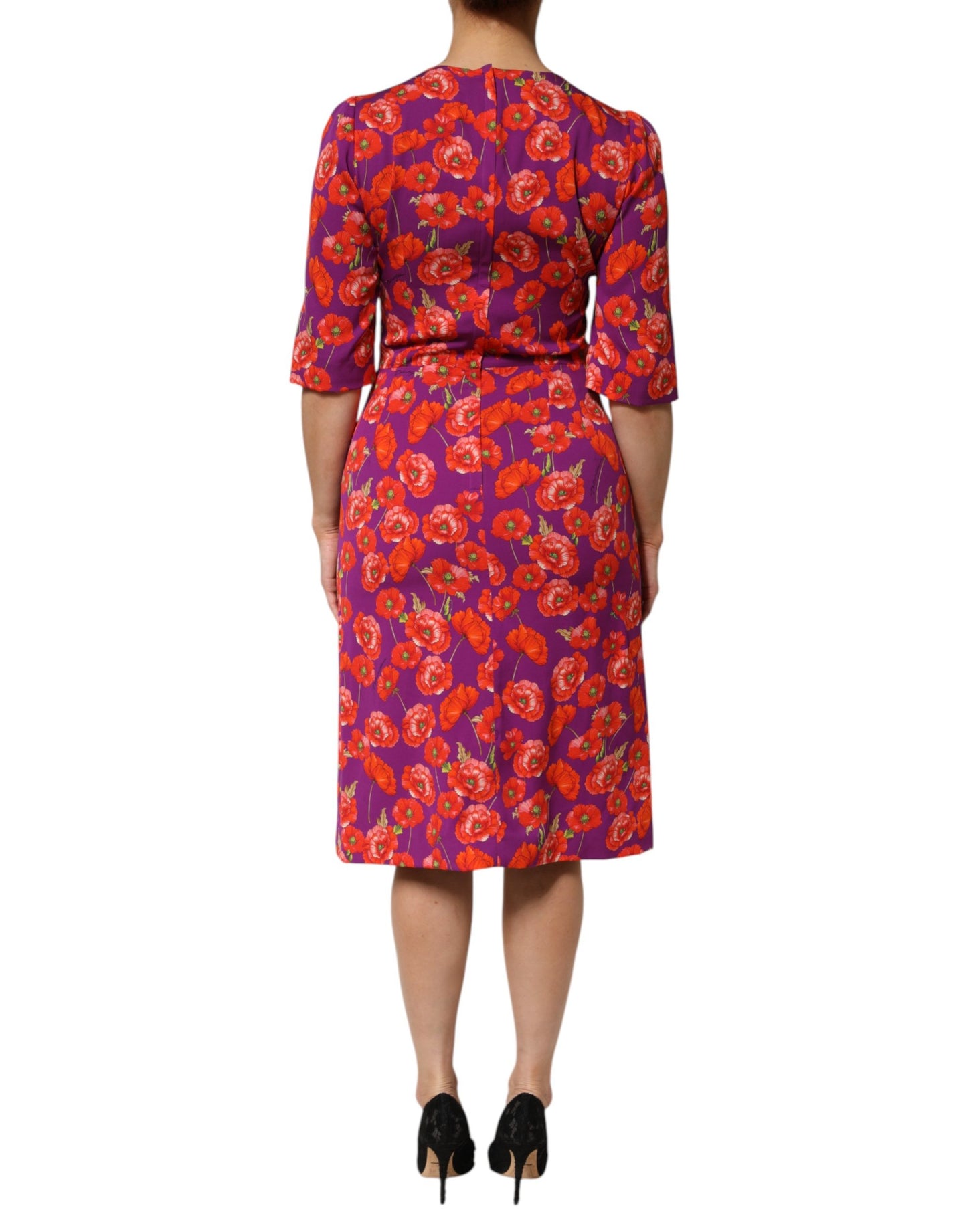 Dolce & Gabbana Purple Silk Floral Print Midi Sheath Dress