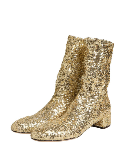 Dolce & Gabbana Gold Sequined Short Boots Stretch Shoes