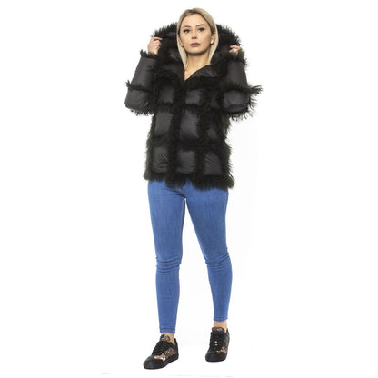 Mr&Mrs Italy Black Poly Jacket with Lamb Fur Hood for Women