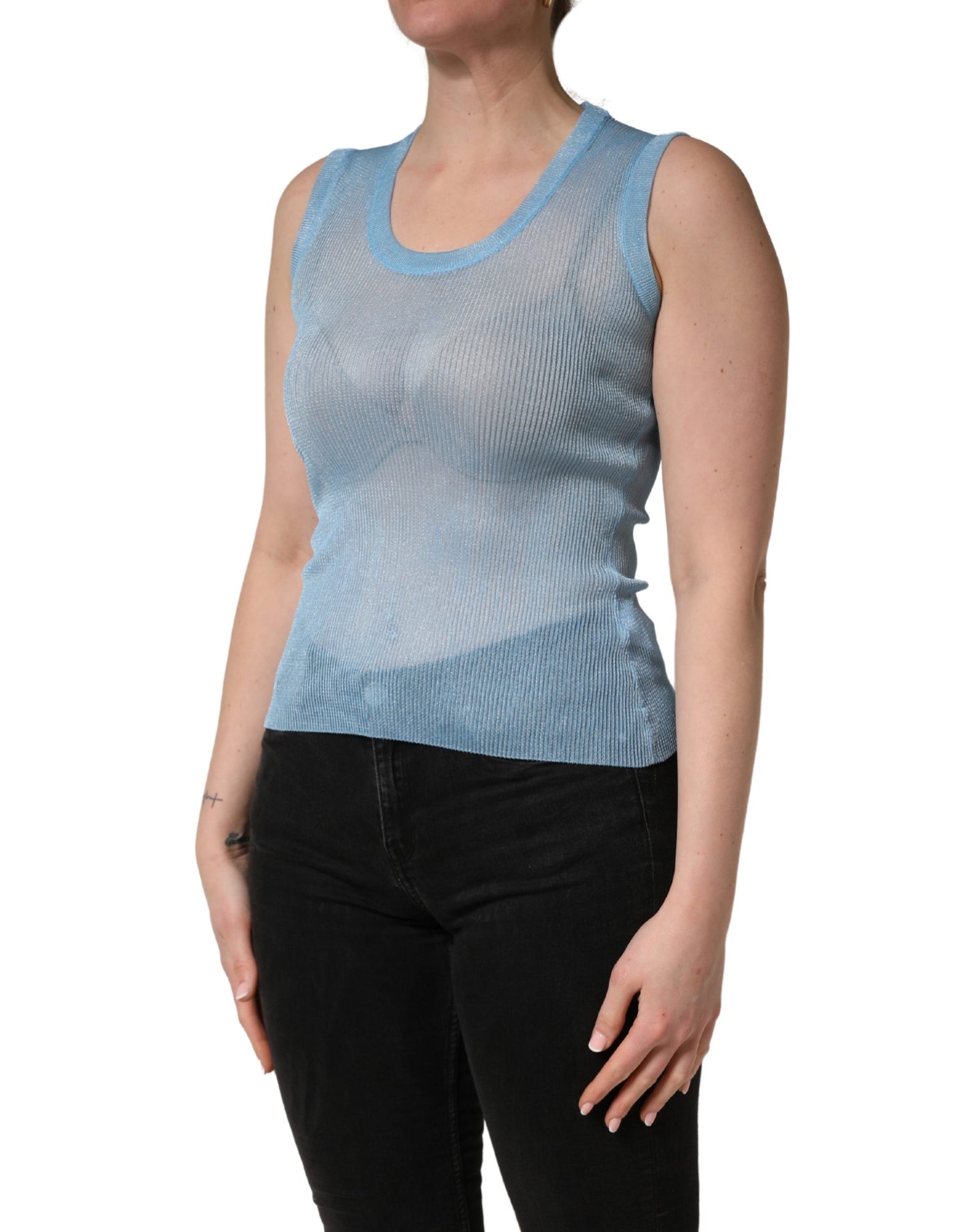 Dolce & Gabbana Blue Semi Sheer Ribbed Sleeveless Tank Top