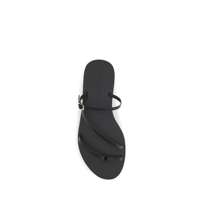 Manebi Black Calf Leather Bos Taurus Flat Sandals