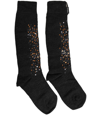 Dolce & Gabbana Dark Gray Sequined Wool Knee High Accessory Socks