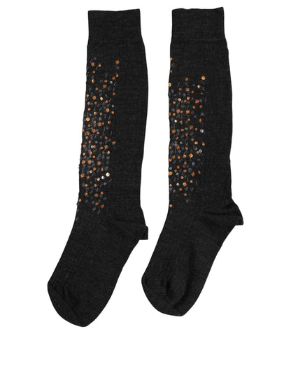 Dolce & Gabbana Dark Gray Sequined Wool Knee High Accessory Socks