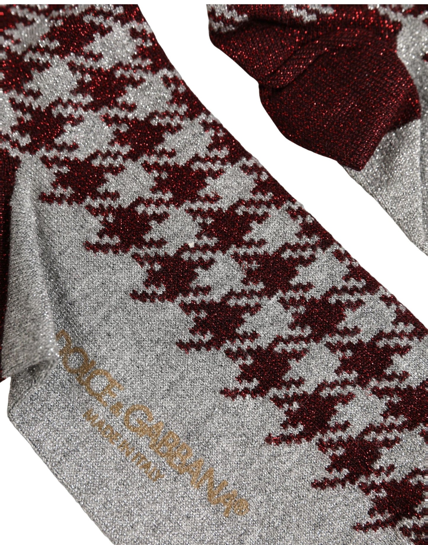 Dolce & Gabbana Maroon Gray Houndstooth Mid Calf Accessory Socks