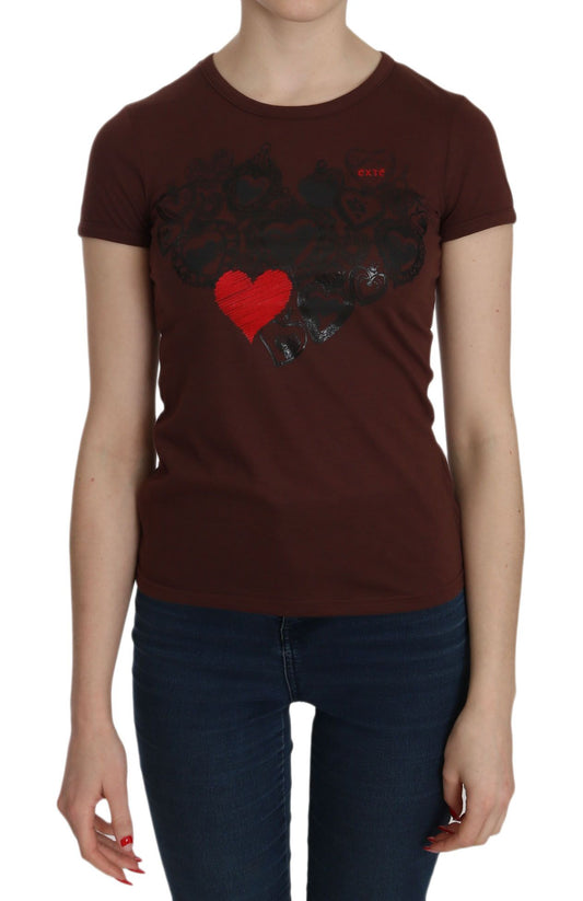 Exte Brown Heart Print Crew Neck T-shirt Short Sleeve Blouse