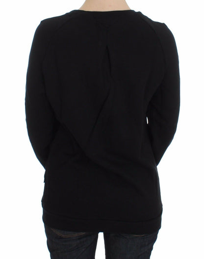 Exte Black Cotton Motive Print Crewneck Pullover Sweater