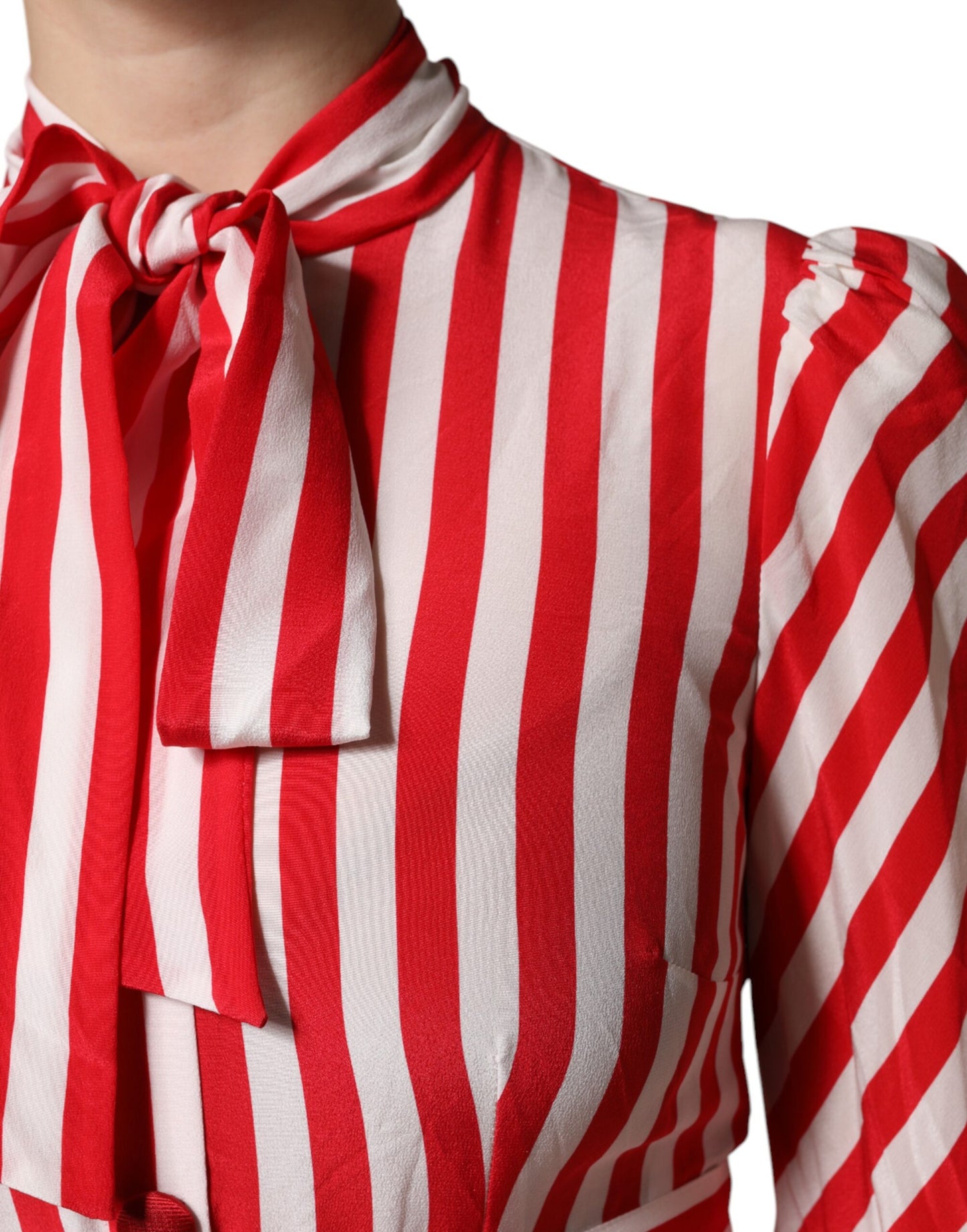 Dolce & Gabbana White Red Stripes Long Sleeves Midi Dress