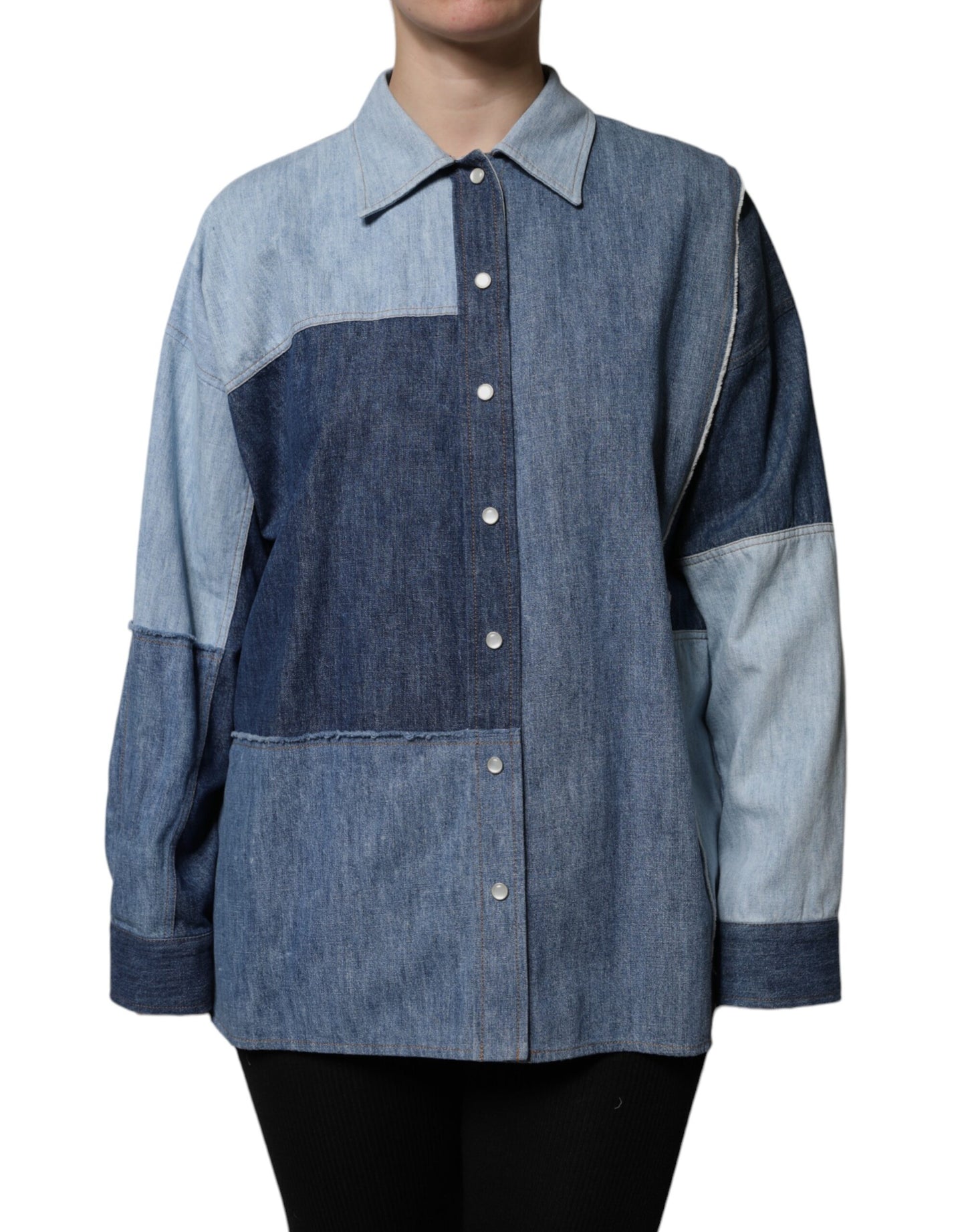 Dolce & Gabbana Blue Cotton Button Up Collared Long Sleeve Top