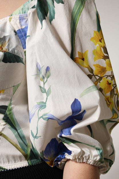 Dolce &amp; Gabbana Top corto con maniche a sbuffo e stampa floreale bianca