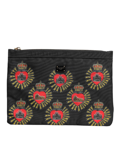 Dolce & Gabbana Black Red Nylon Sacred Heart Clutch Pouch Bag