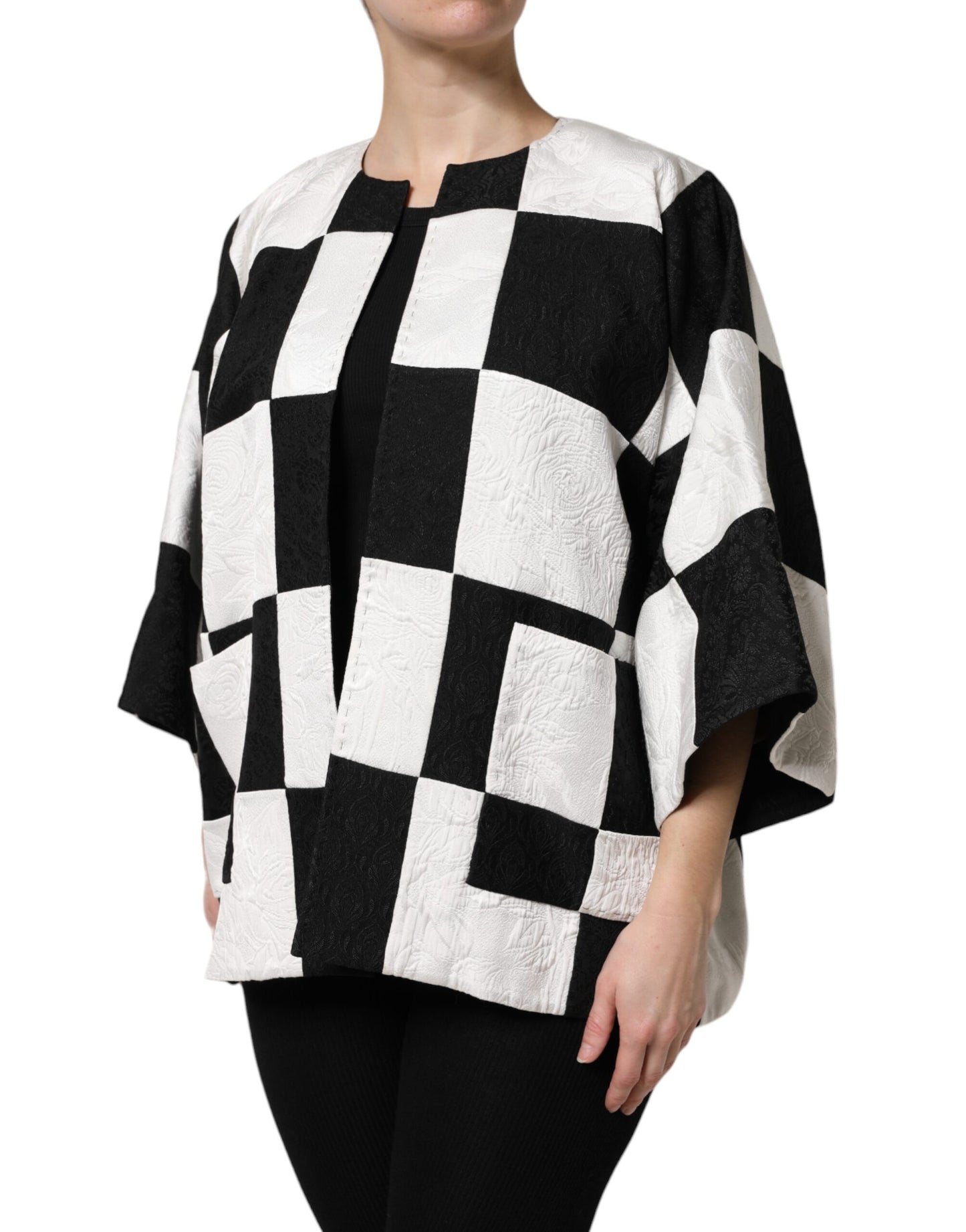 Dolce & Gabbana White Black Patchwork Jacquard Blazer Jacket