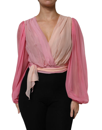 Dolce &amp; Gabbana Top blusa rosa con scollo a V profondo e maniche lunghe