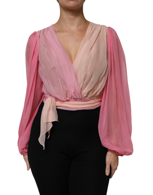 Dolce &amp; Gabbana Top blusa rosa con scollo a V profondo e maniche lunghe