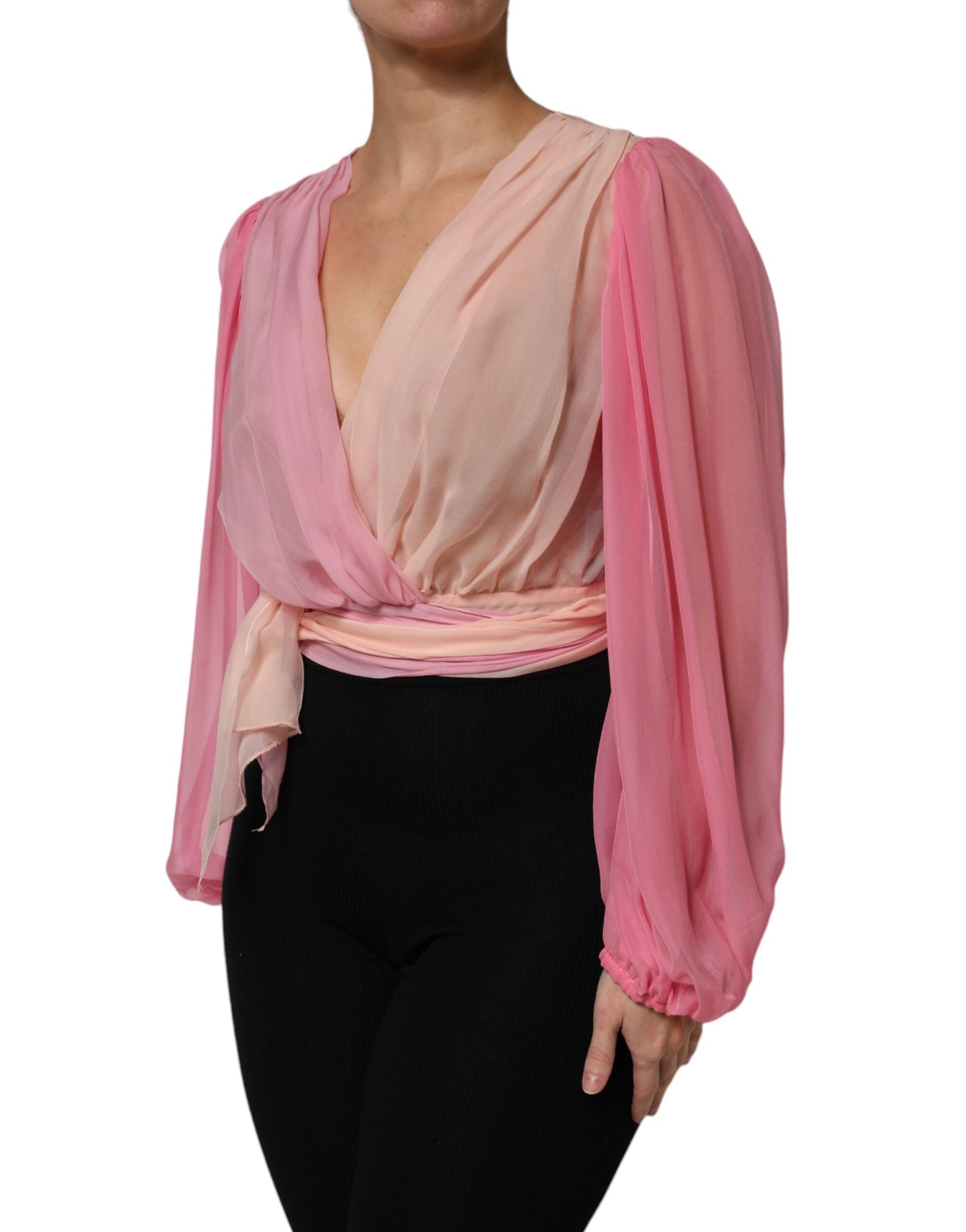 Dolce &amp; Gabbana Top blusa rosa con scollo a V profondo e maniche lunghe
