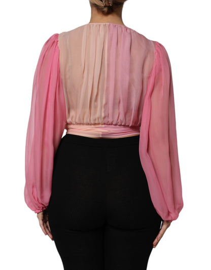 Dolce &amp; Gabbana Top blusa rosa con scollo a V profondo e maniche lunghe