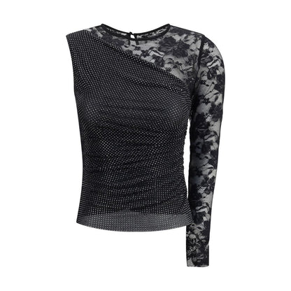 Self-Portrait One-shoulder lace and rhinestone Top