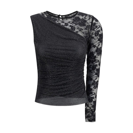 Self-Portrait One-shoulder lace and rhinestone Top