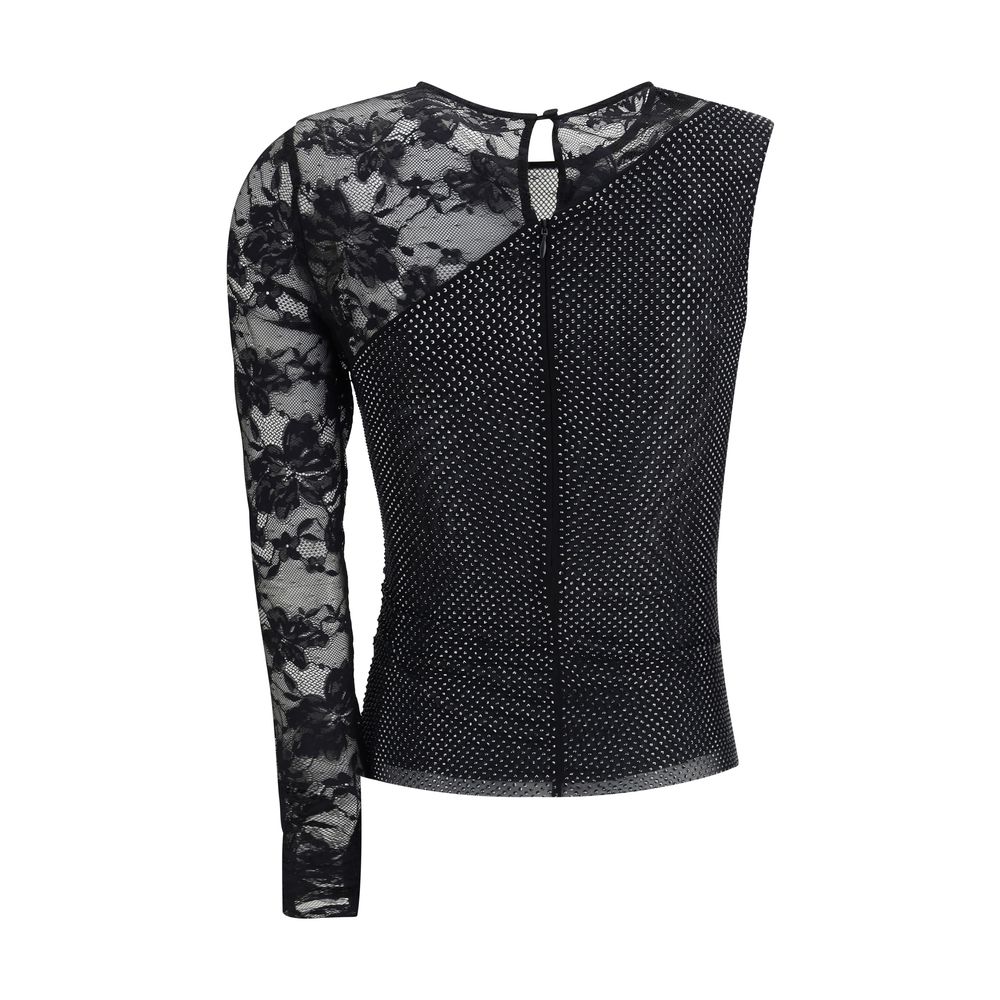 Self-Portrait One-shoulder lace and rhinestone Top