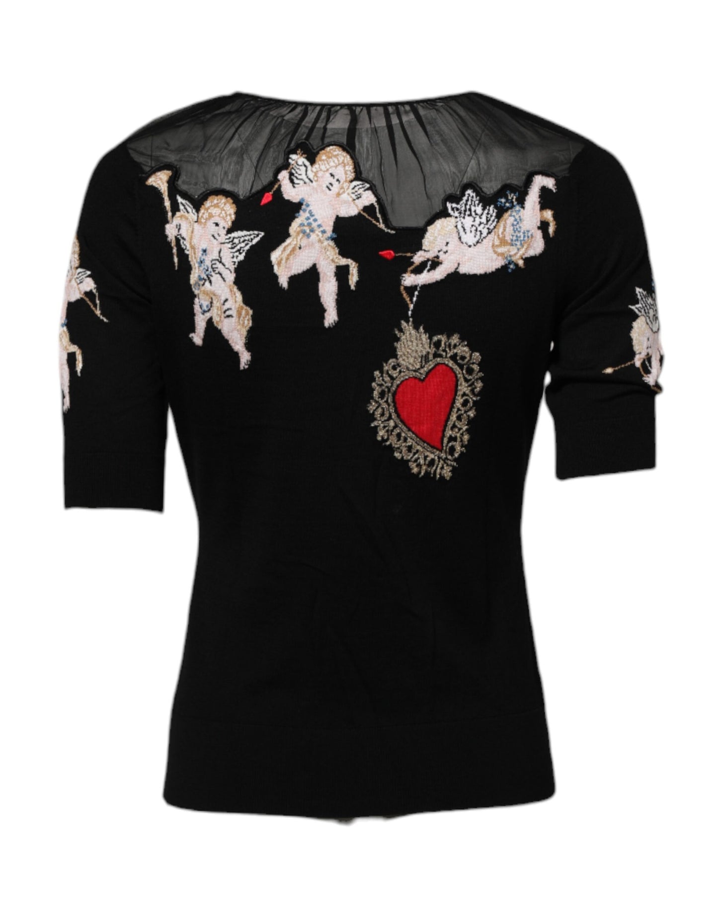 Dolce &amp; Gabbana Maglia girocollo nera con ricamo Sacro Cuore