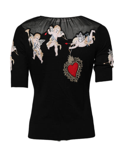 Dolce &amp; Gabbana Maglia girocollo nera con ricamo Sacro Cuore