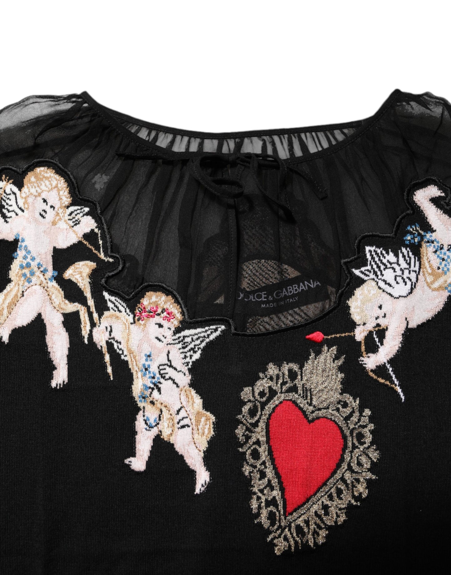 Dolce &amp; Gabbana Maglia girocollo nera con ricamo Sacro Cuore