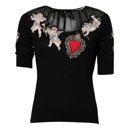 Dolce &amp; Gabbana Maglia girocollo nera con ricamo Sacro Cuore
