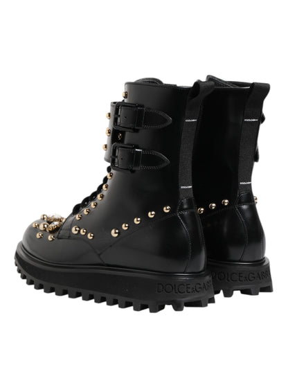 Dolce & Gabbana Black Studded Lace Up Mid Calf Boots Shoes