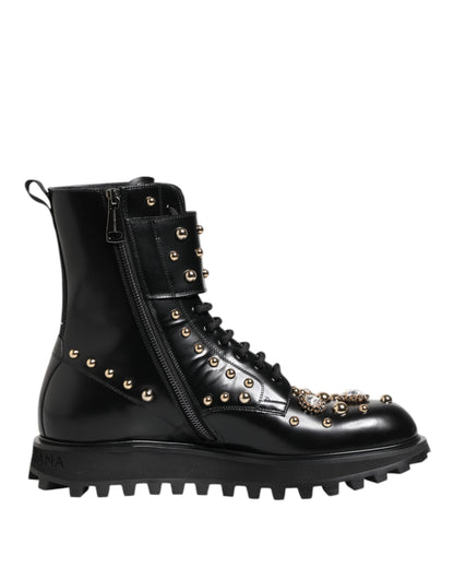 Dolce & Gabbana Black Studded Lace Up Mid Calf Boots Shoes