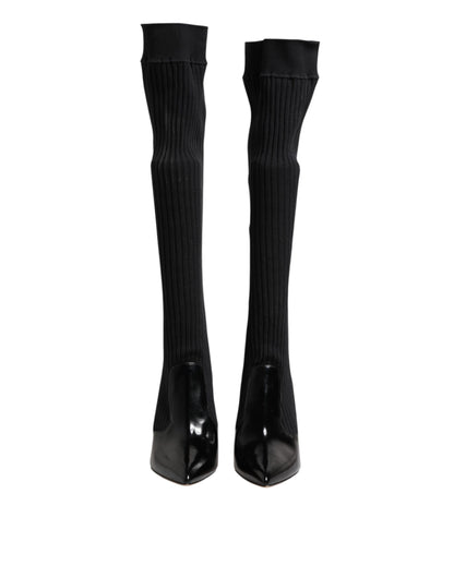 Dolce & Gabbana Black Leather Ribbed Knit Knee Boots Shoes