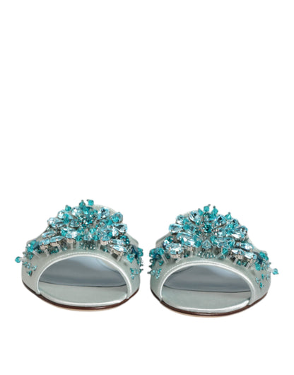 Dolce & Gabbana Silver Blue Leather Bead Embellish Slide Shoes
