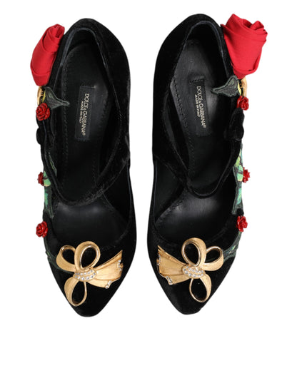 Dolce & Gabbana Black Roses Crystal Brooch Mary Jane Shoes
