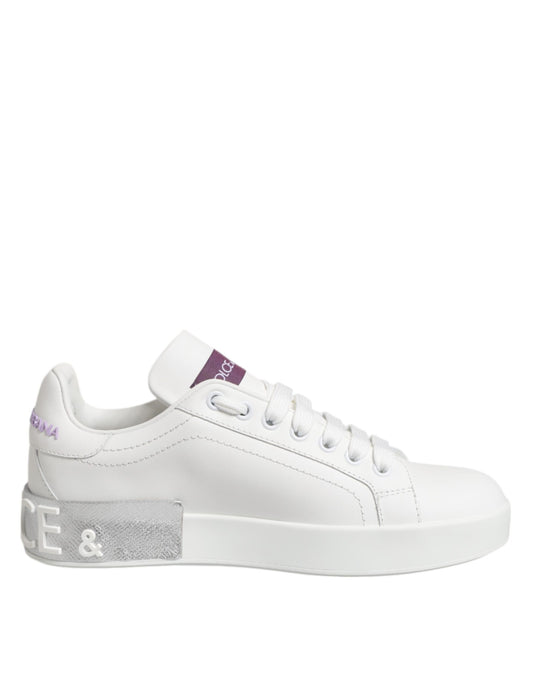 Dolce & Gabbana White Purple Leather Low Top Sneakers Shoes