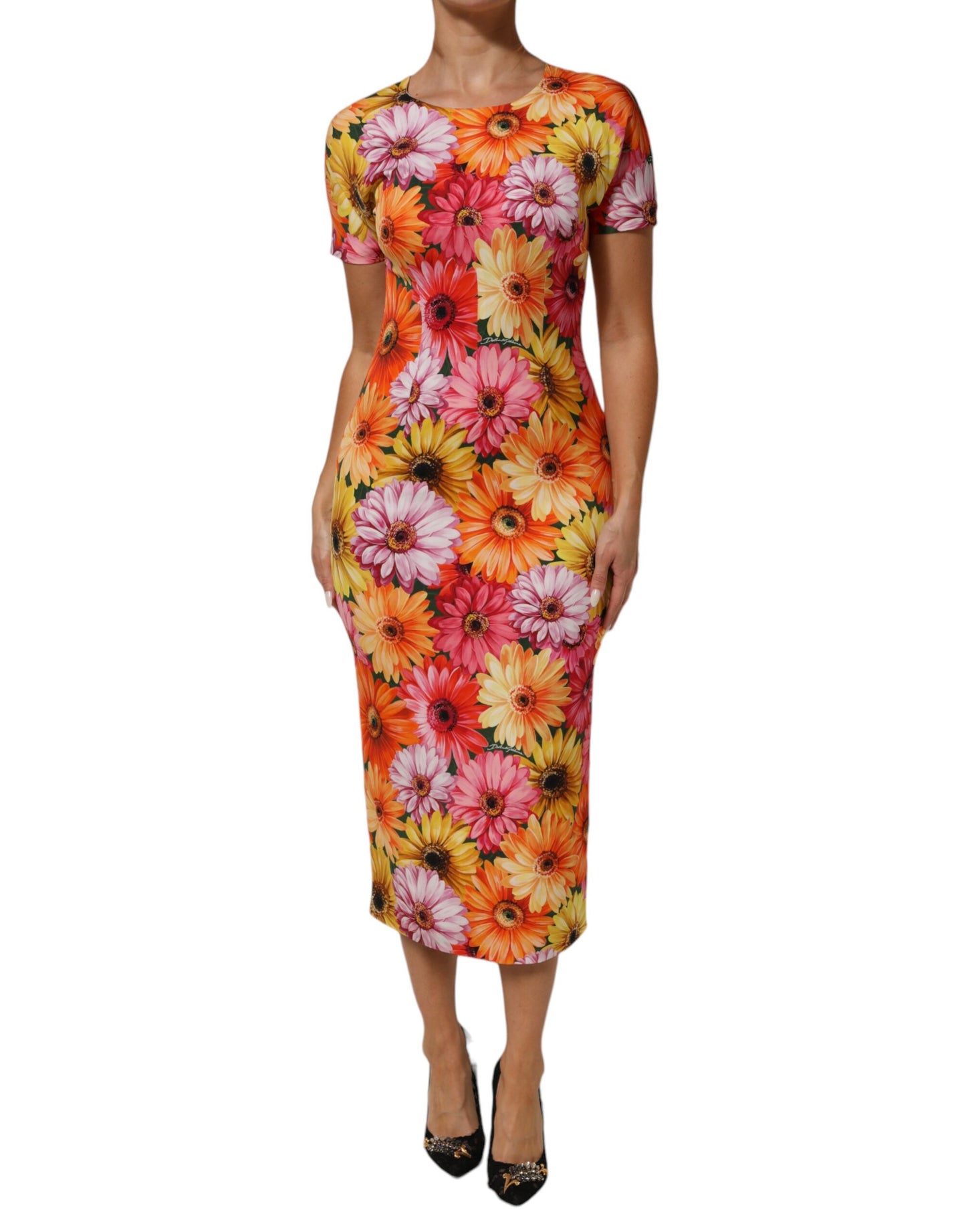 Dolce &amp; Gabbana Abito midi in seta con stampa floreale multicolore