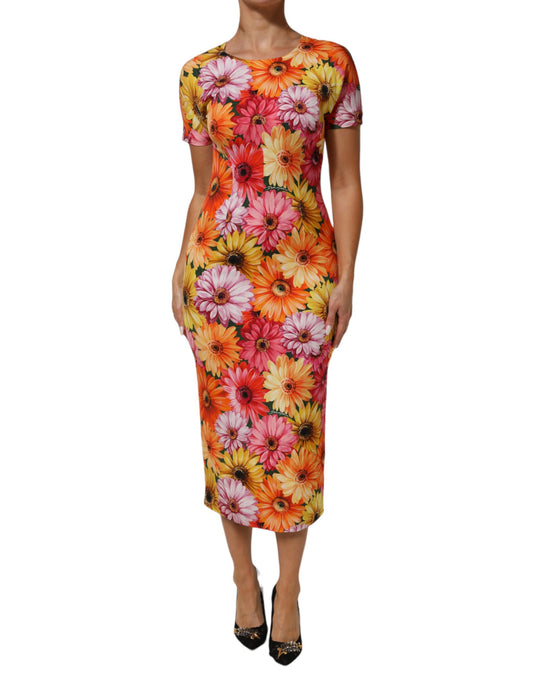 Dolce &amp; Gabbana Abito midi in seta con stampa floreale multicolore