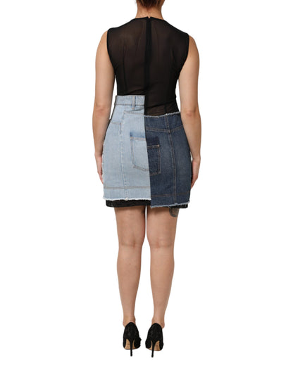 Dolce & Gabbana Blue Nylon Patchwork Denim Sheath Mini Dress