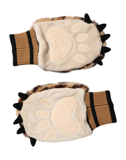 Dolce & Gabbana Brown Leopard Knitted Fur Wrist Mitten Gloves