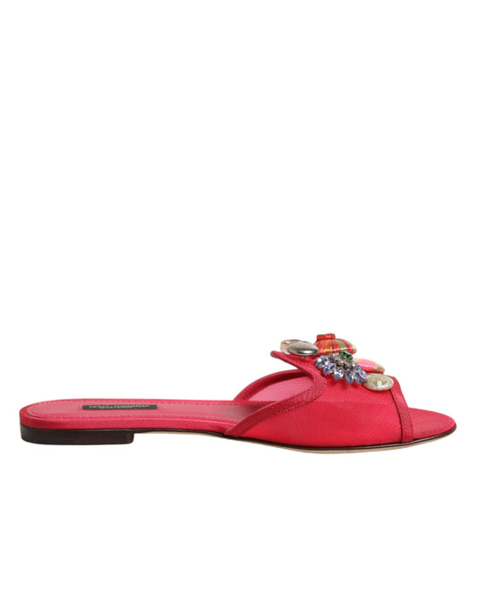 Dolce & Gabbana Red Embellished Flats Slip On Sandals Shoes